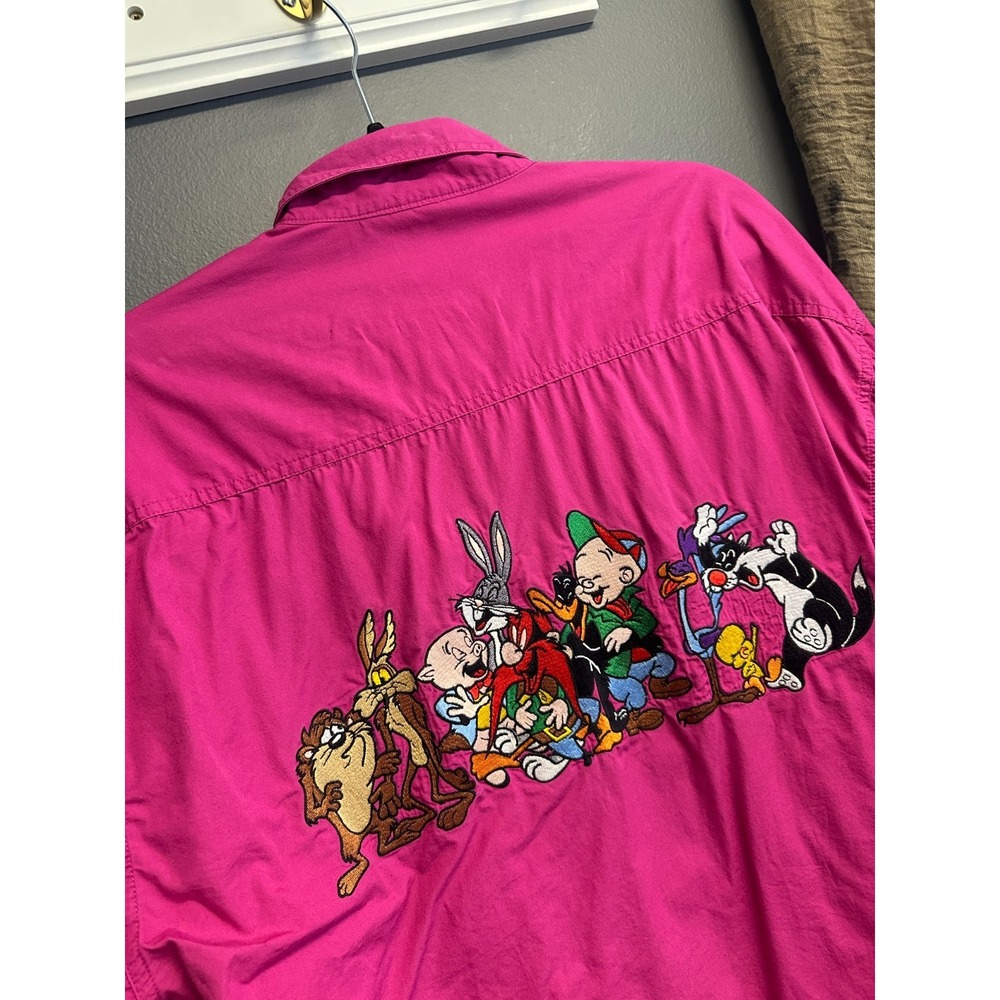 VTG 90s Acme Clothing Co Looney Tunes Womens L/XL‎ Button Down Shirt Pink Embr